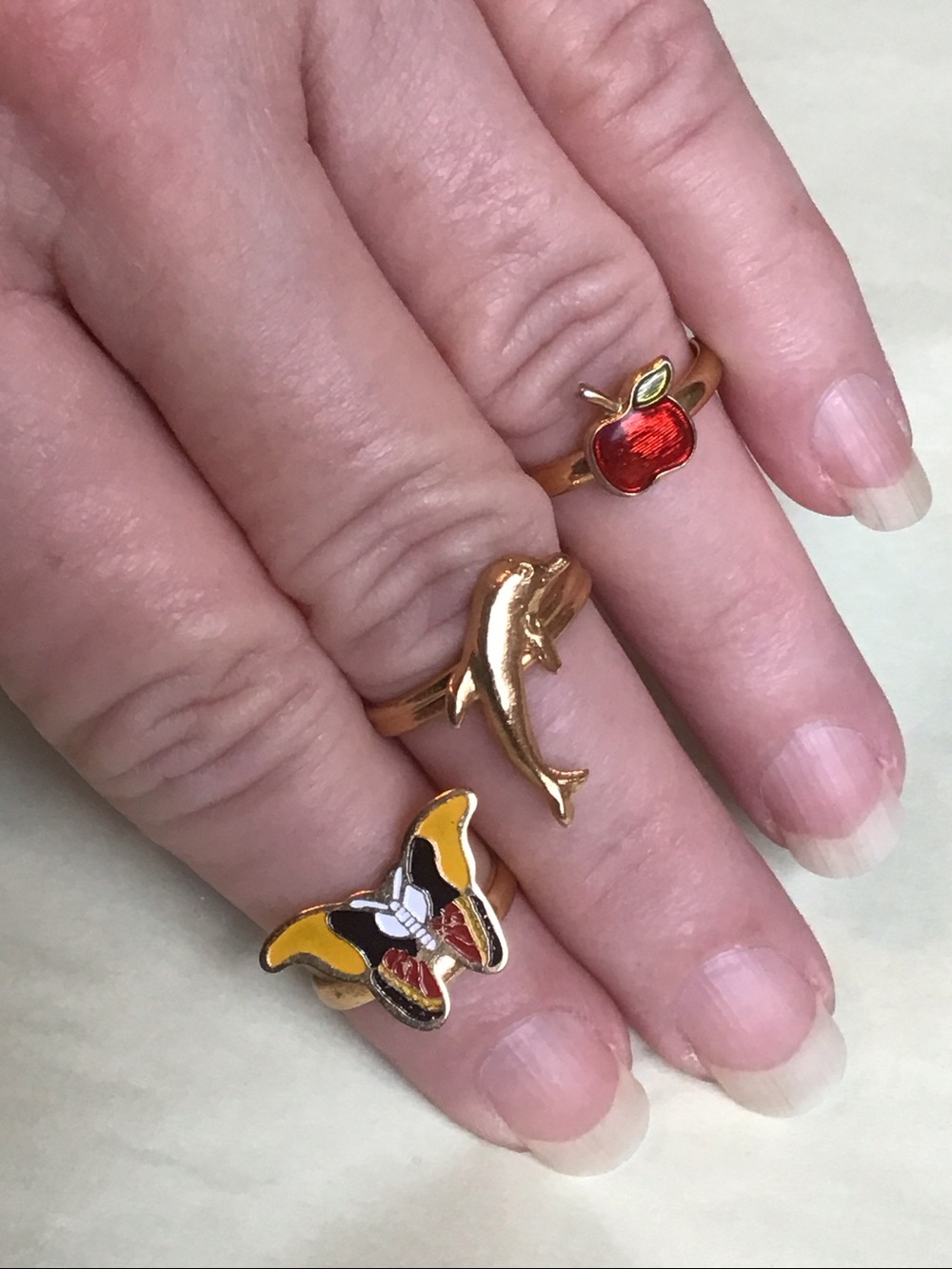 Set of 3 Fun Vintage Gold-toned and Enamel Rings, Adjustable